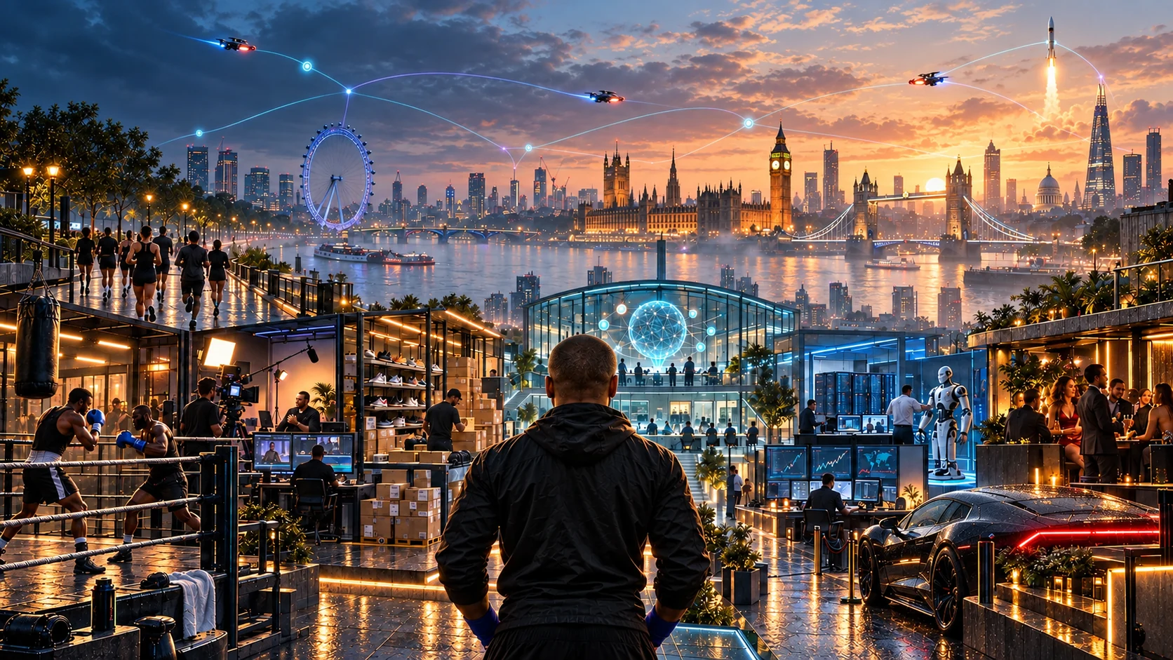 The same imagined London world at first light, with a back-facing figure, boxing, running, commerce, AI systems and city life
