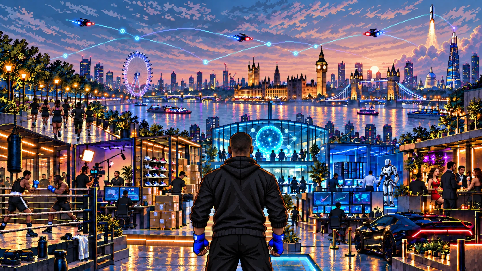 Pixel-art rendering of the same imagined London world at first light