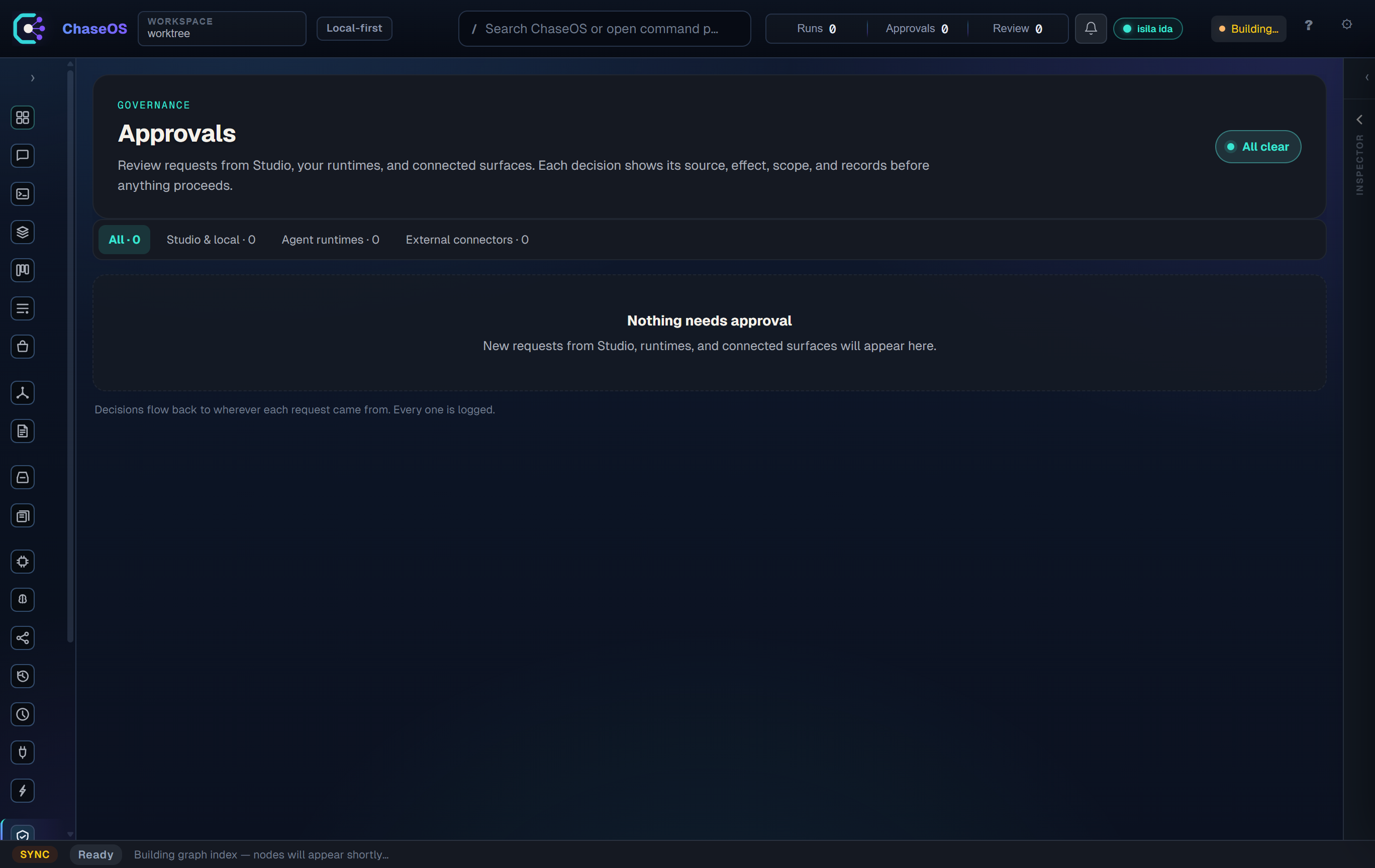 ChaseOS Studio V1.1.0 Approvals grouped by Studio, runtime and external-connector origin