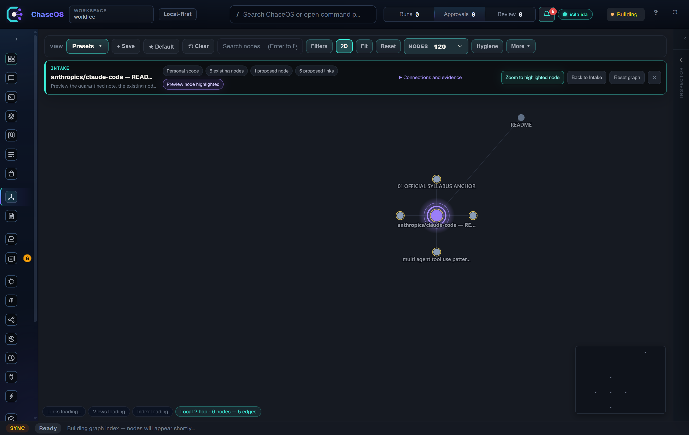 ChaseOS Studio V1.1.0 graph preview highlighting an Intake node and its five proposed links
