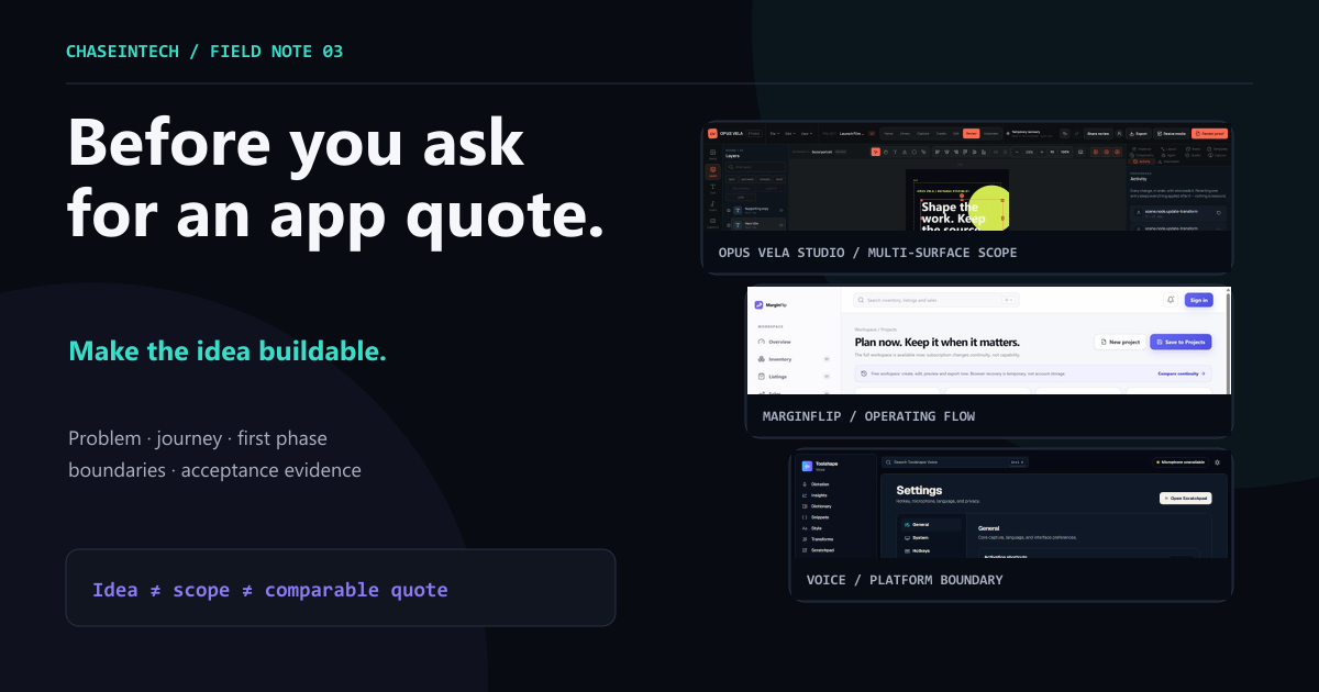 Before asking for an app quote, turn the idea into five buildable layers: problem, user journey, first phase, system boundaries and acceptance evidence.