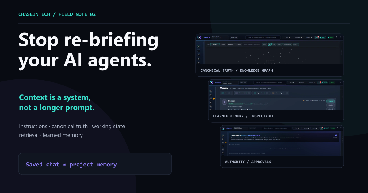 Stop re-briefing your AI agents: five context layers illustrated with the ChaseOS knowledge graph, memory manager and approvals surfaces.