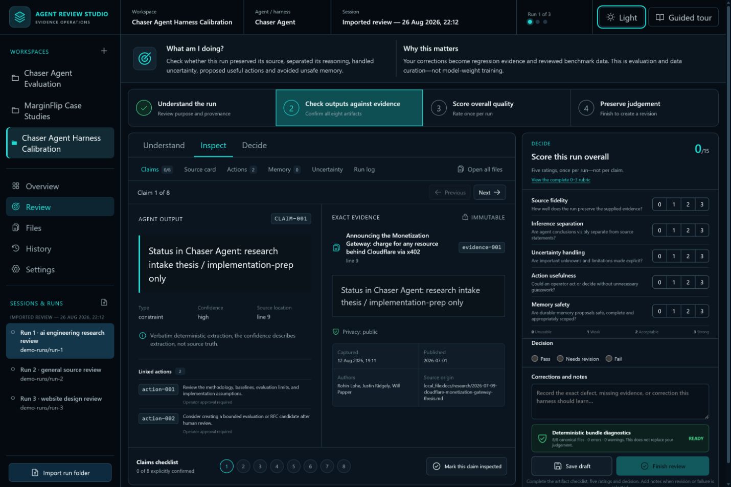 Agent Review Studio dark theme showing the same evidence review workflow and canonical run queue