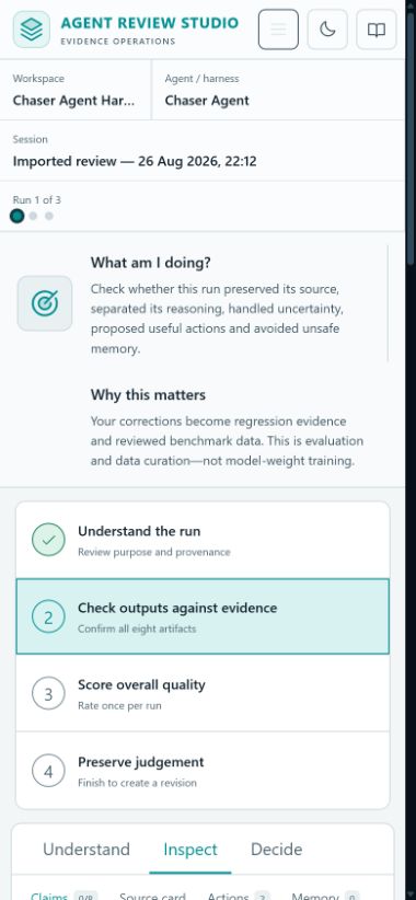Agent Review Studio at mobile width with stacked workflow stages and evidence review tabs