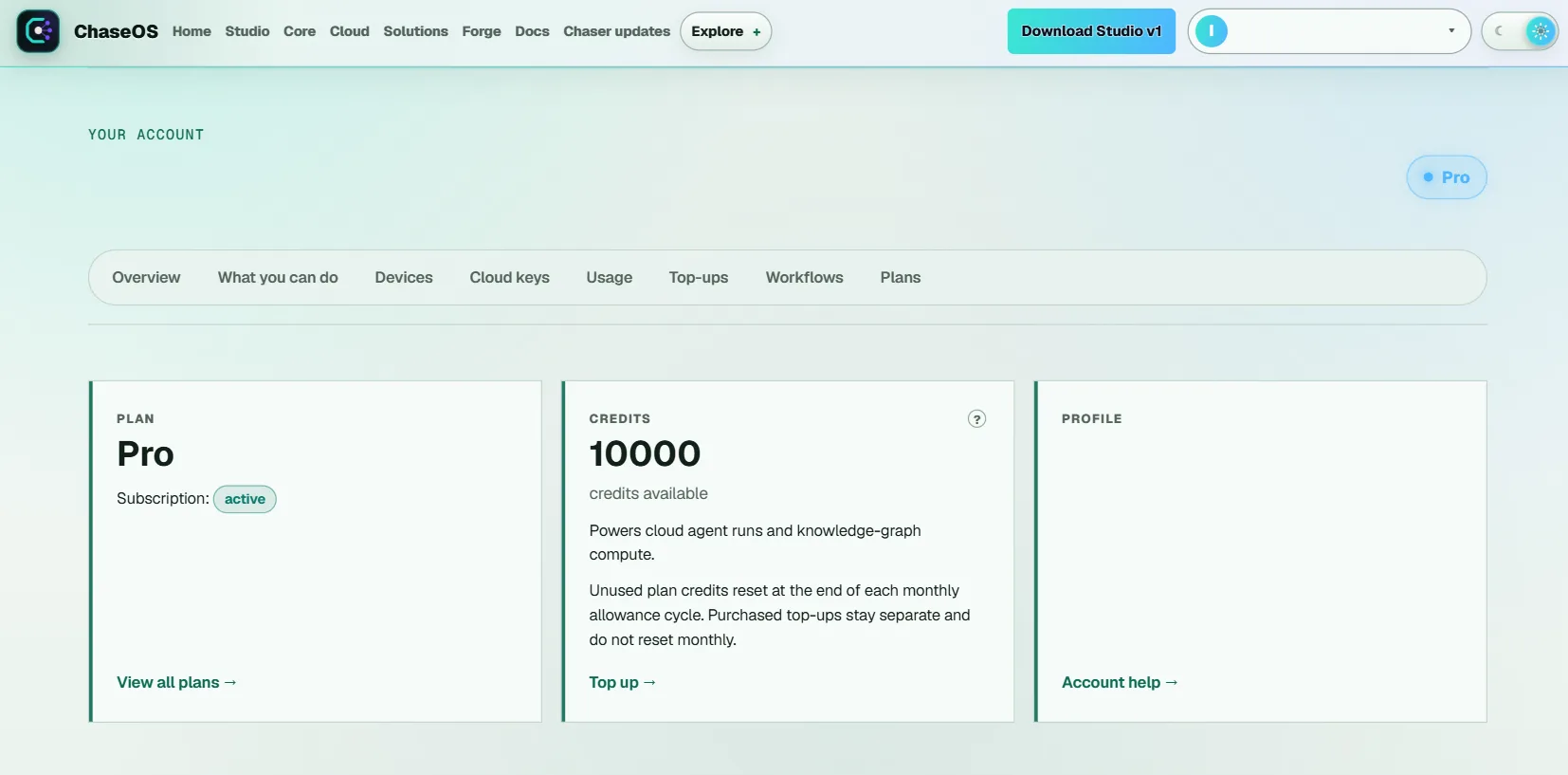 ChaseOS account page showing an active Pro subscription, available credits and a top-up action
