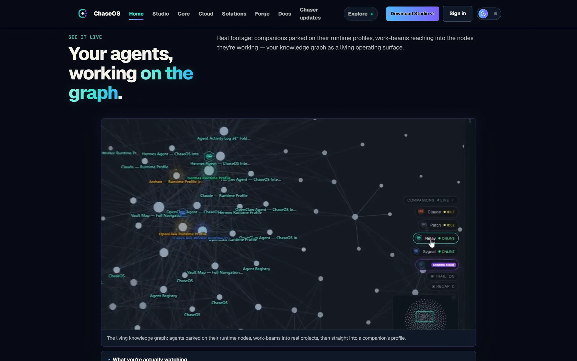 Live agent knowledge-graph visualization showing runtime profiles, projects and approval waiting states