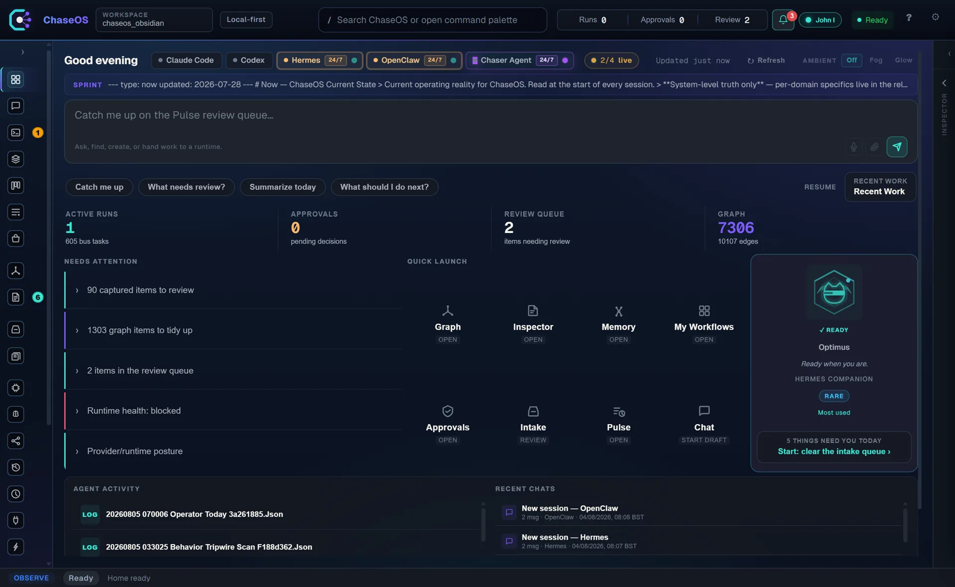 ChaseOS Studio home dashboard showing active runs, pending approvals, review queue and knowledge-graph size
