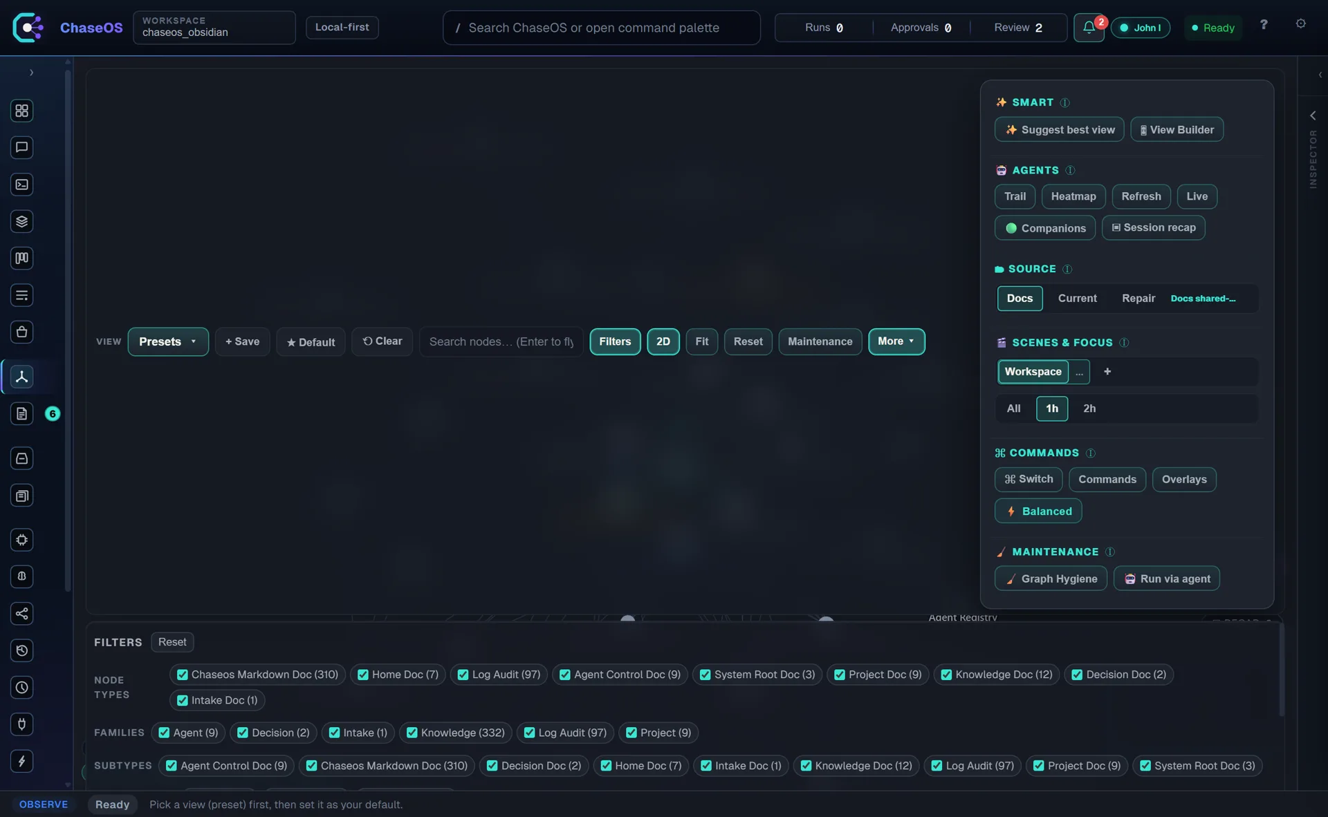 Graph control panel with smart view suggestions, agent overlays, source selection, focus scopes and maintenance actions