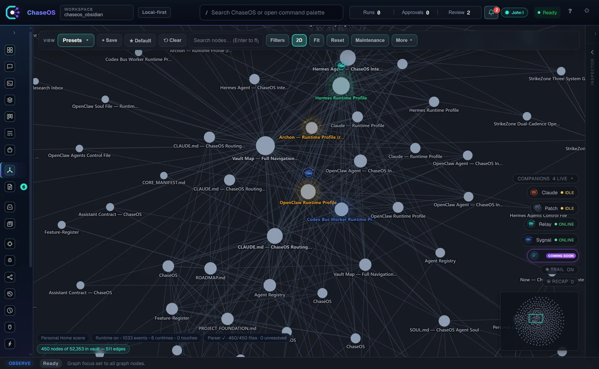 Recorded ChaseOS graph view with labels connecting documents, runtime profiles and project context