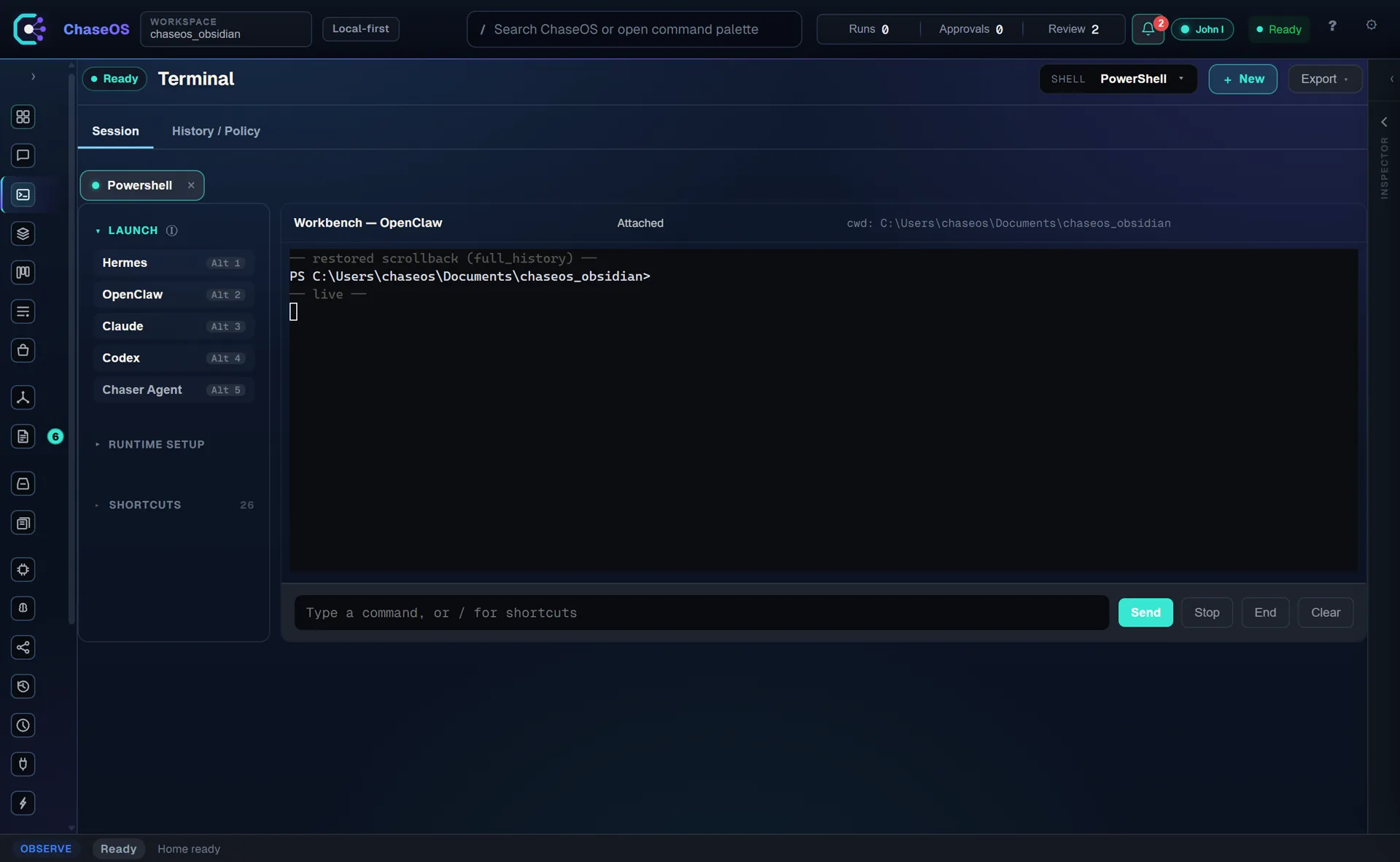 Dedicated terminal panel with keyboard launchers for five agent runtimes and a history and policy tab