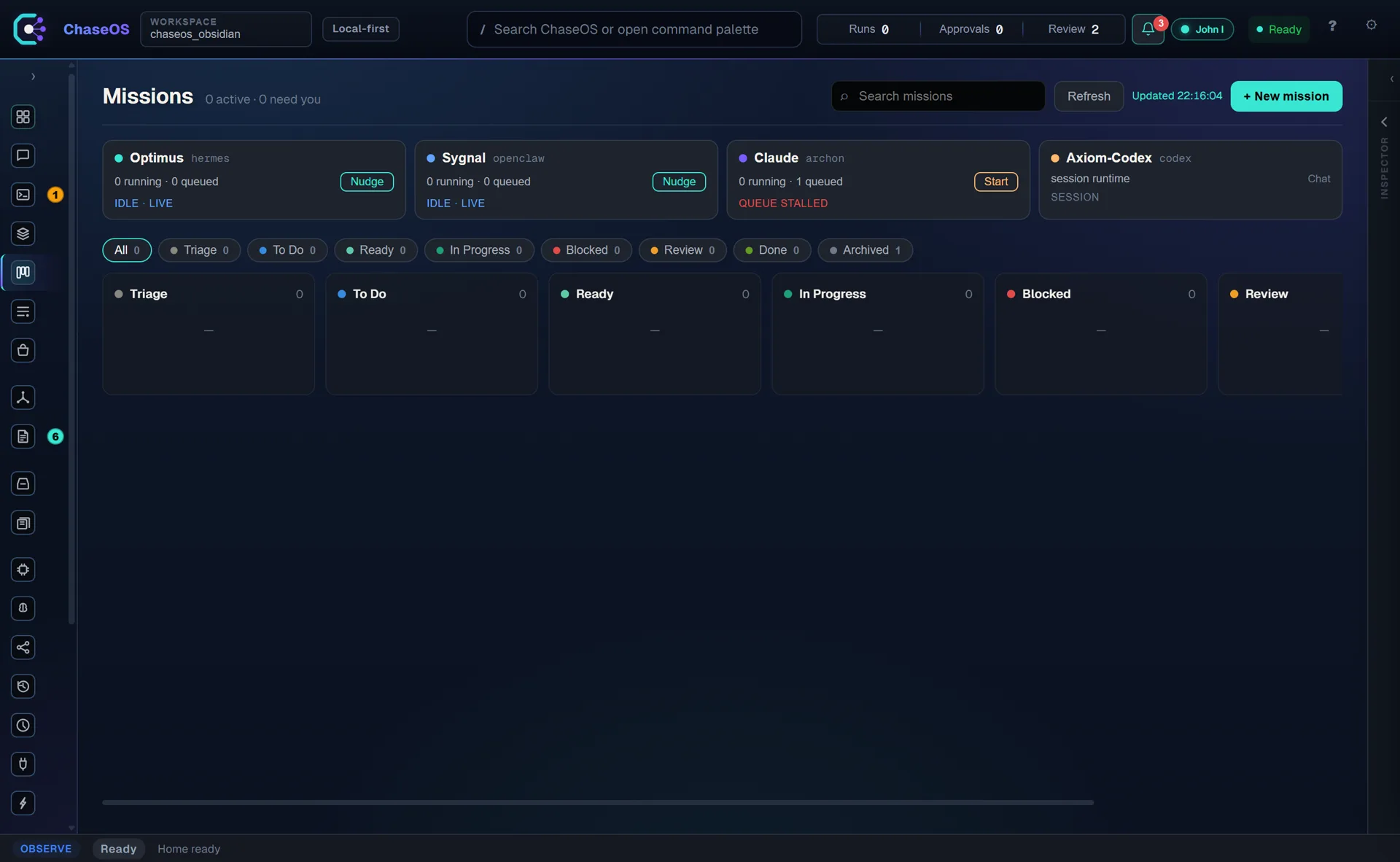 Missions board with triage to archived columns and live runtime cards showing queue state