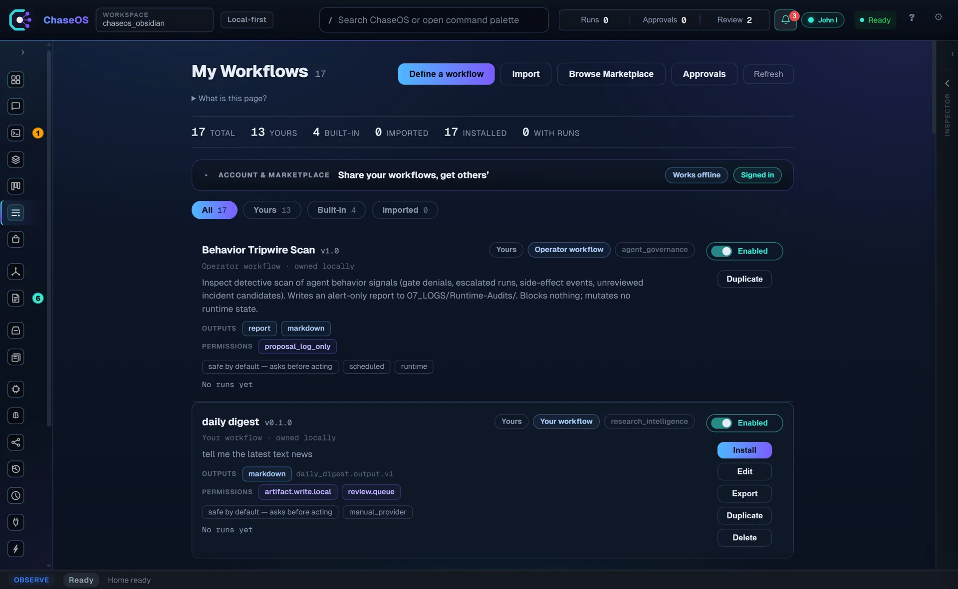 Workflow library showing 17 installed workflows with declared outputs, permissions and safe-by-default posture