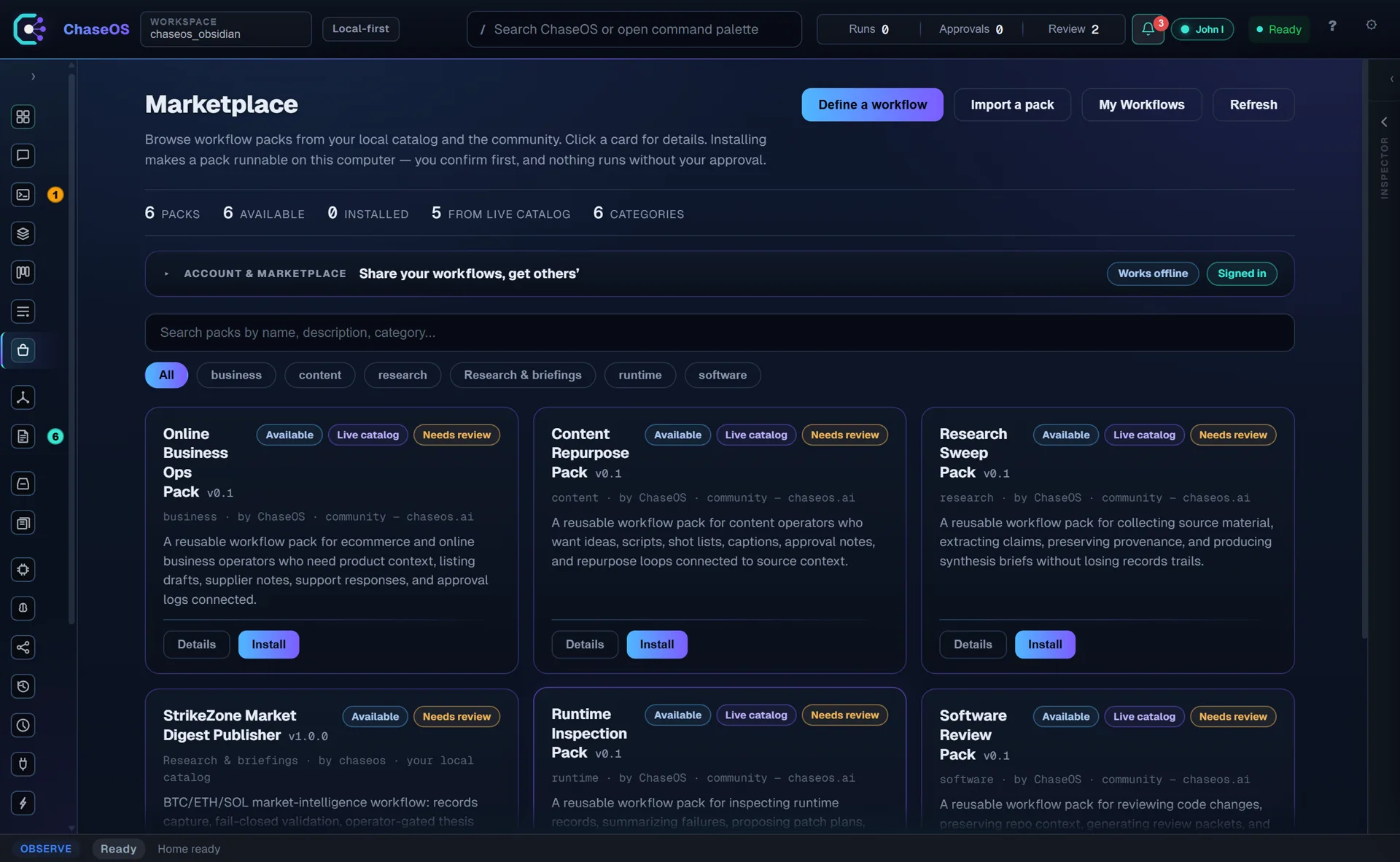 Marketplace of six installable workflow packs across business, content, research, runtime and software categories