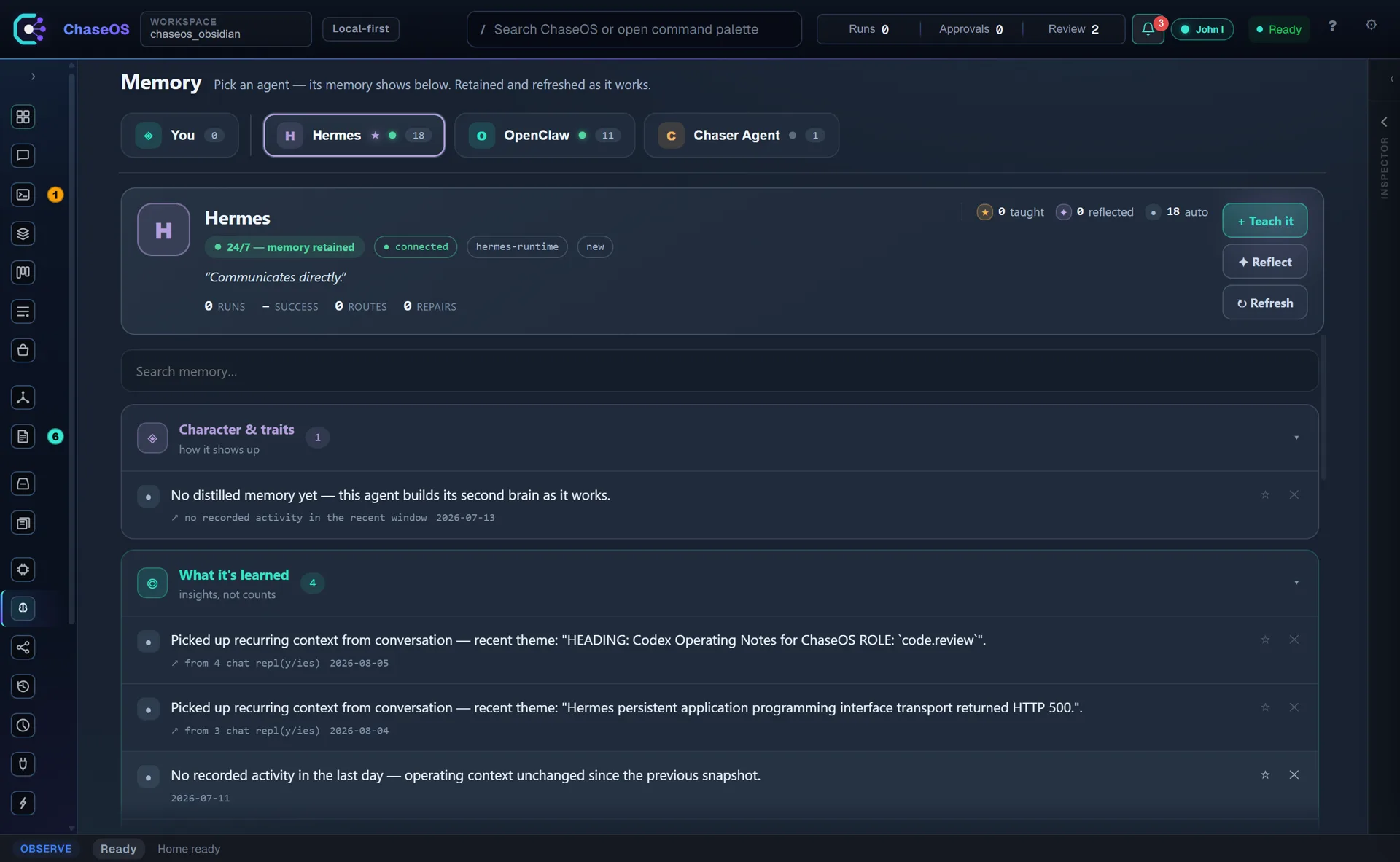 Memory manager showing per-agent retained memory, character traits and learned insights with teach and reflect controls
