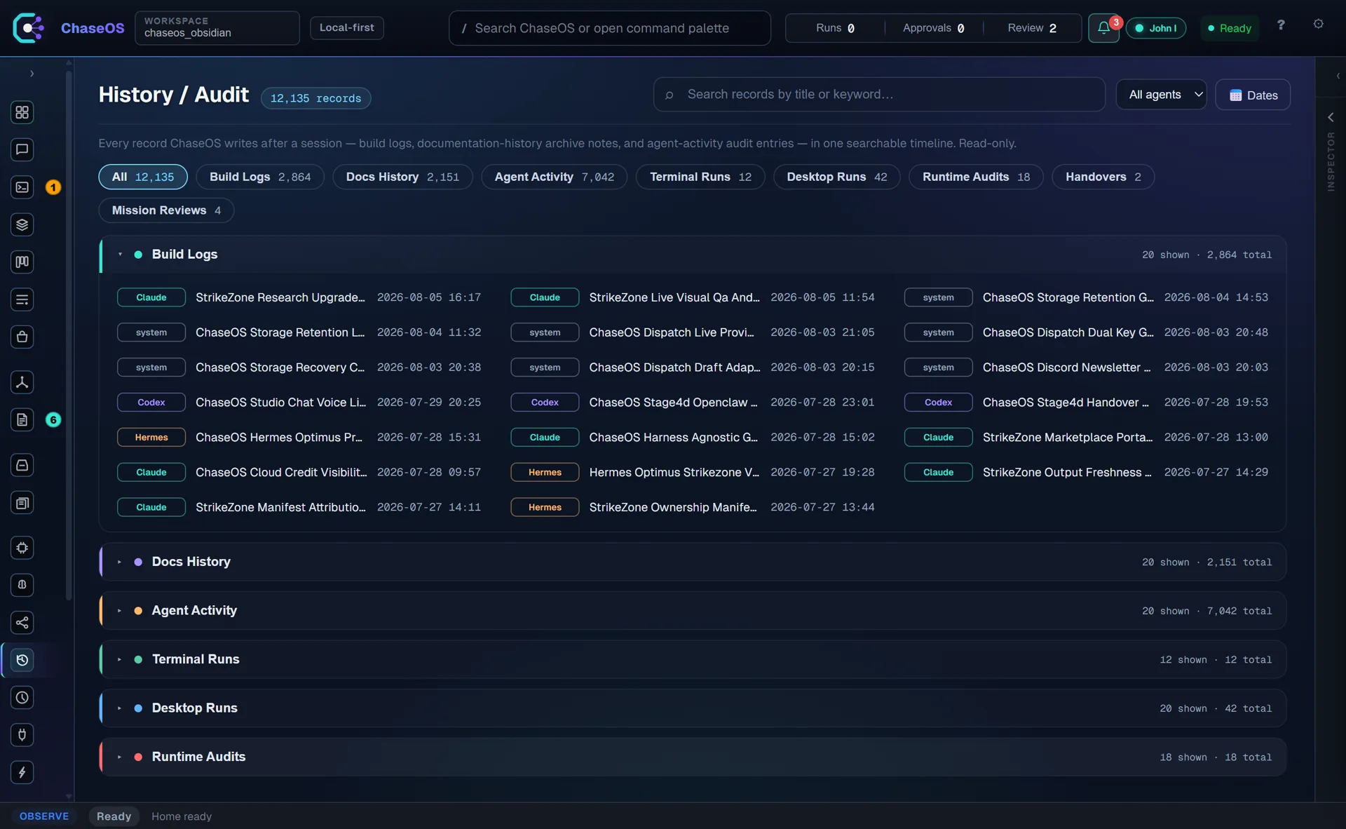 Searchable audit timeline of 12,135 records spanning build logs, docs history, agent activity and runtime audits