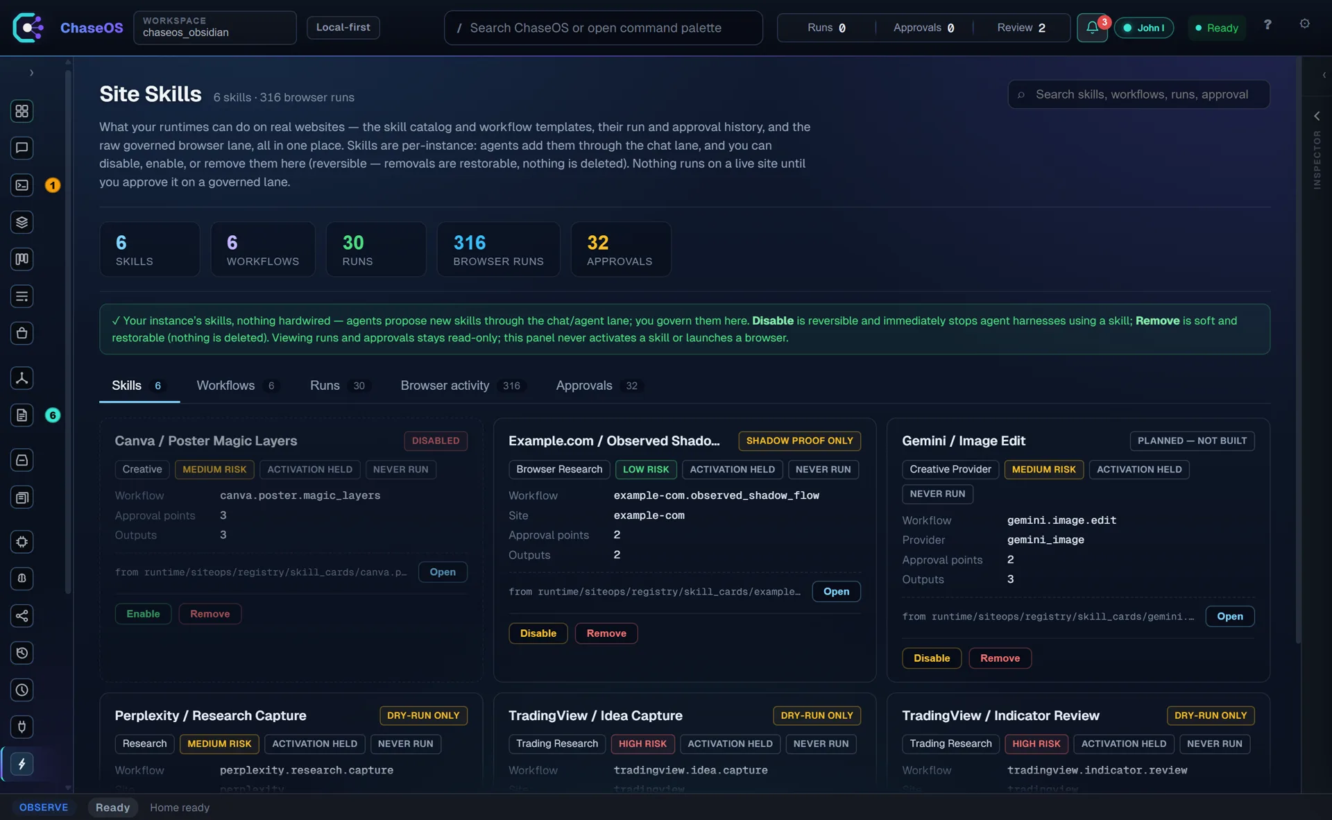 Site skills catalogue with per-skill risk tiers, dry-run and shadow-proof modes and 316 recorded browser runs