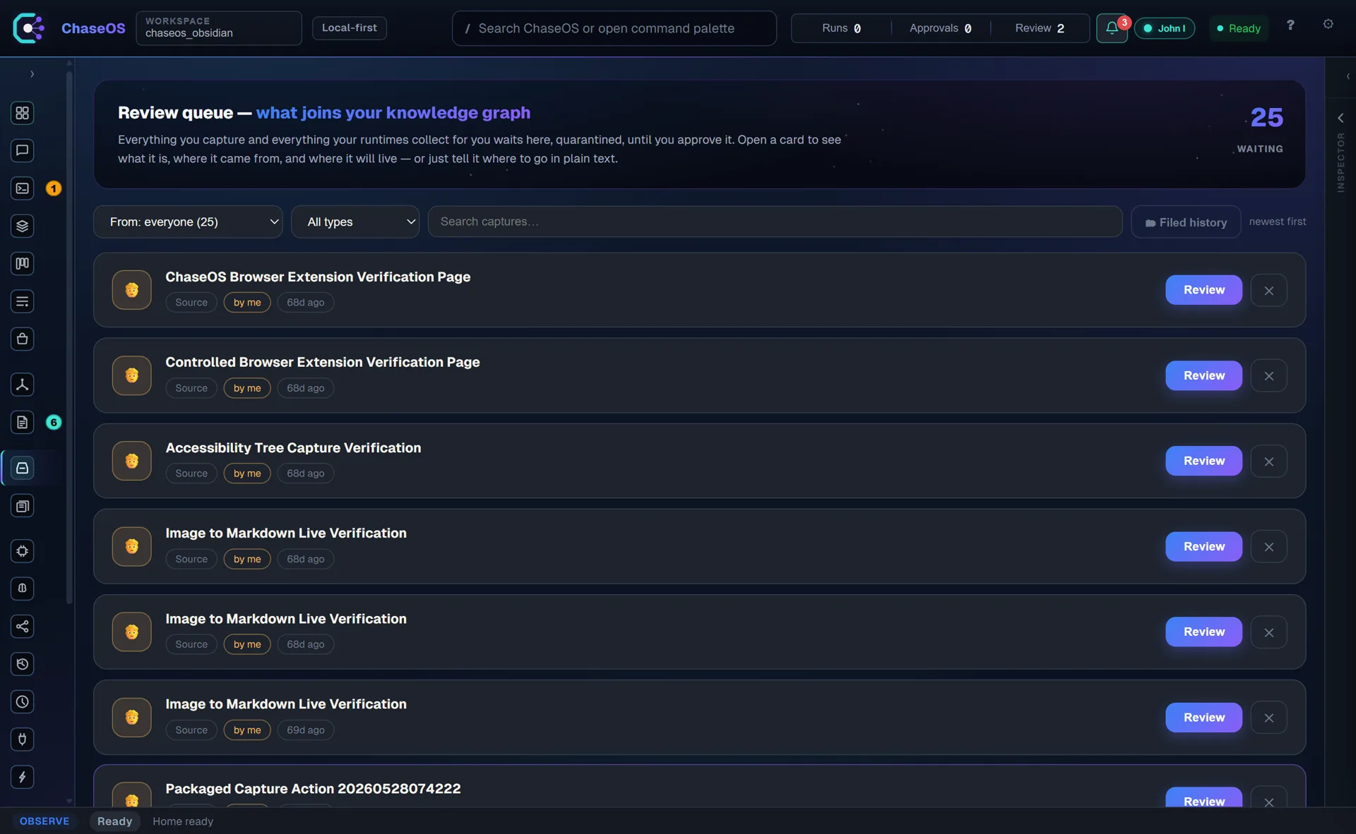 Intake review queue holding 25 quarantined captures awaiting approval before joining the knowledge graph