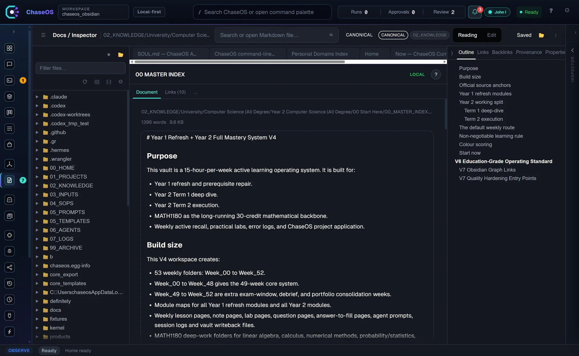 ChaseOS Inspector showing a university study operating system with weekly folders, module maps and outline, links and provenance tabs