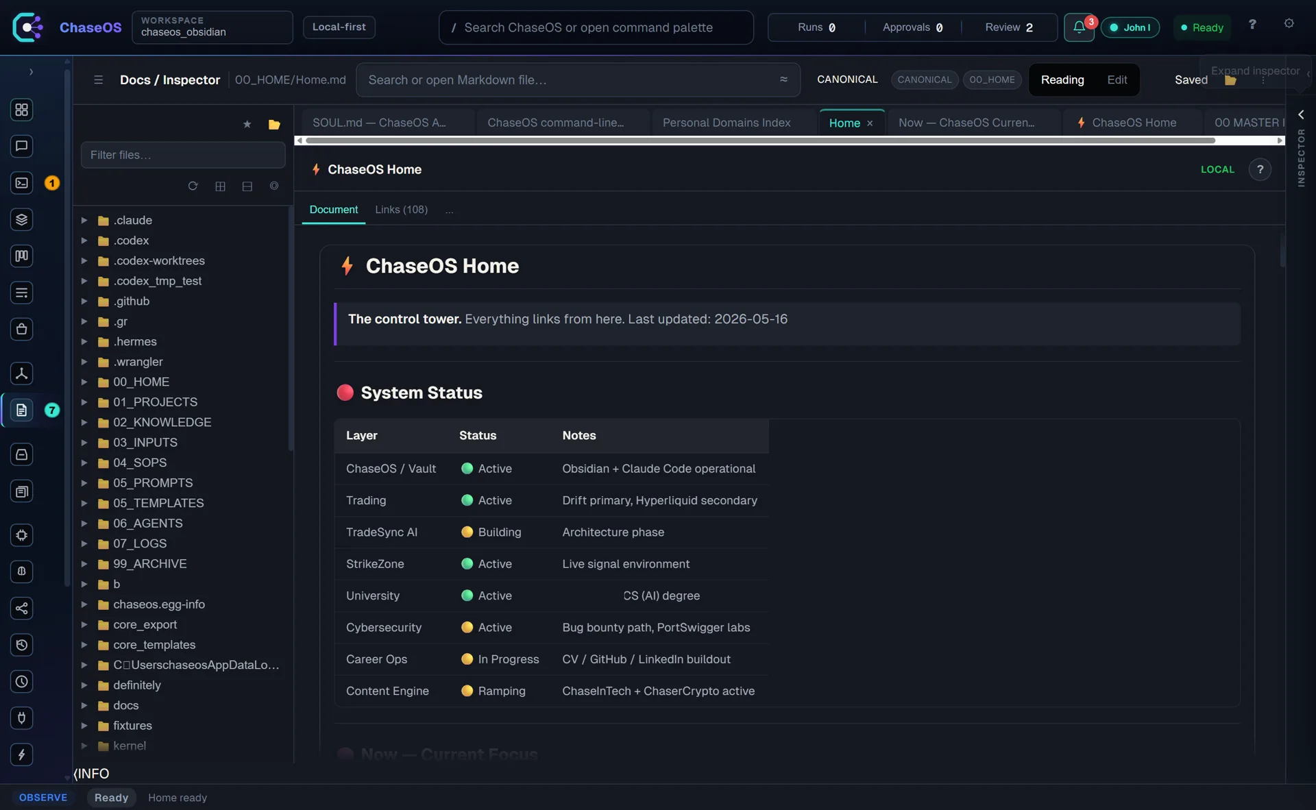 Docs and Inspector panel showing a personal ChaseOS home page with a live status board for each domain the operator runs