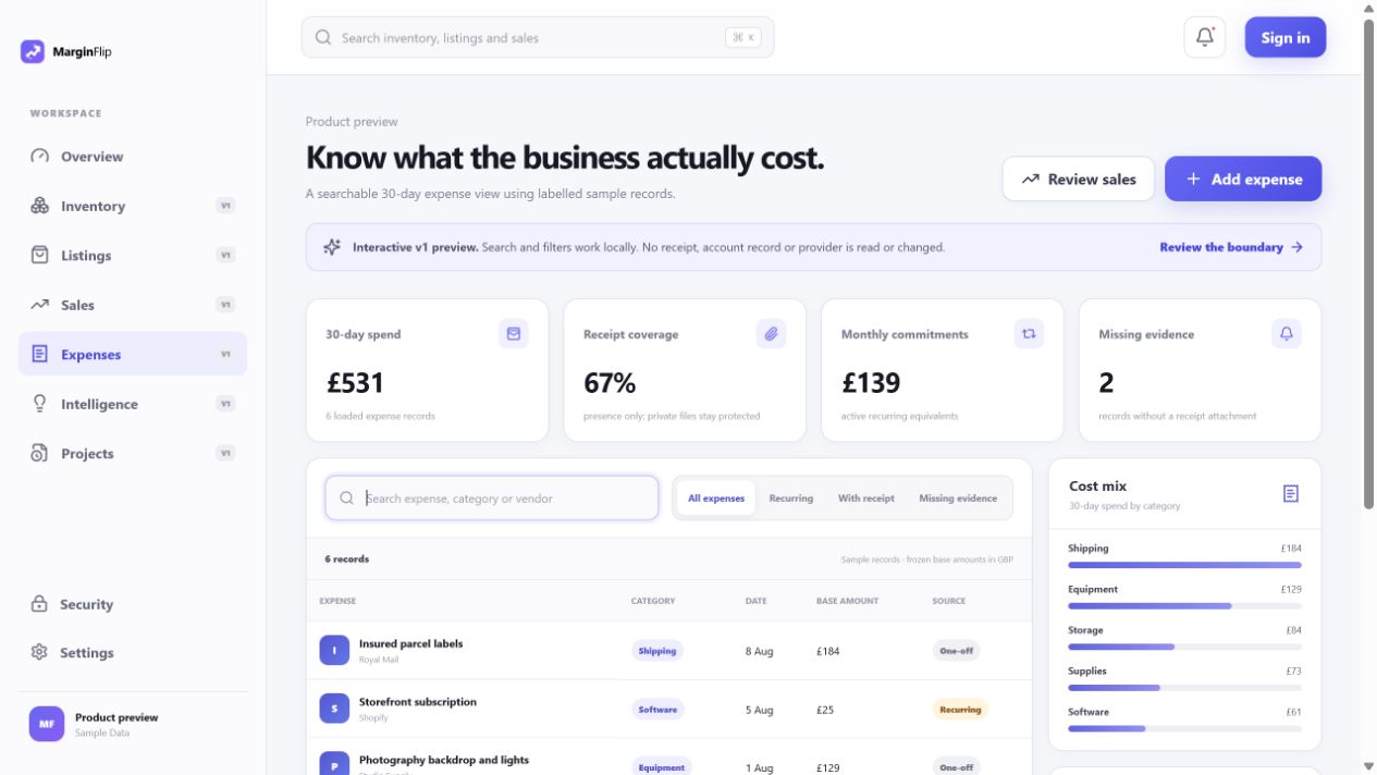 MarginFlip Expenses workspace with spend, receipt coverage, commitments and category mix
