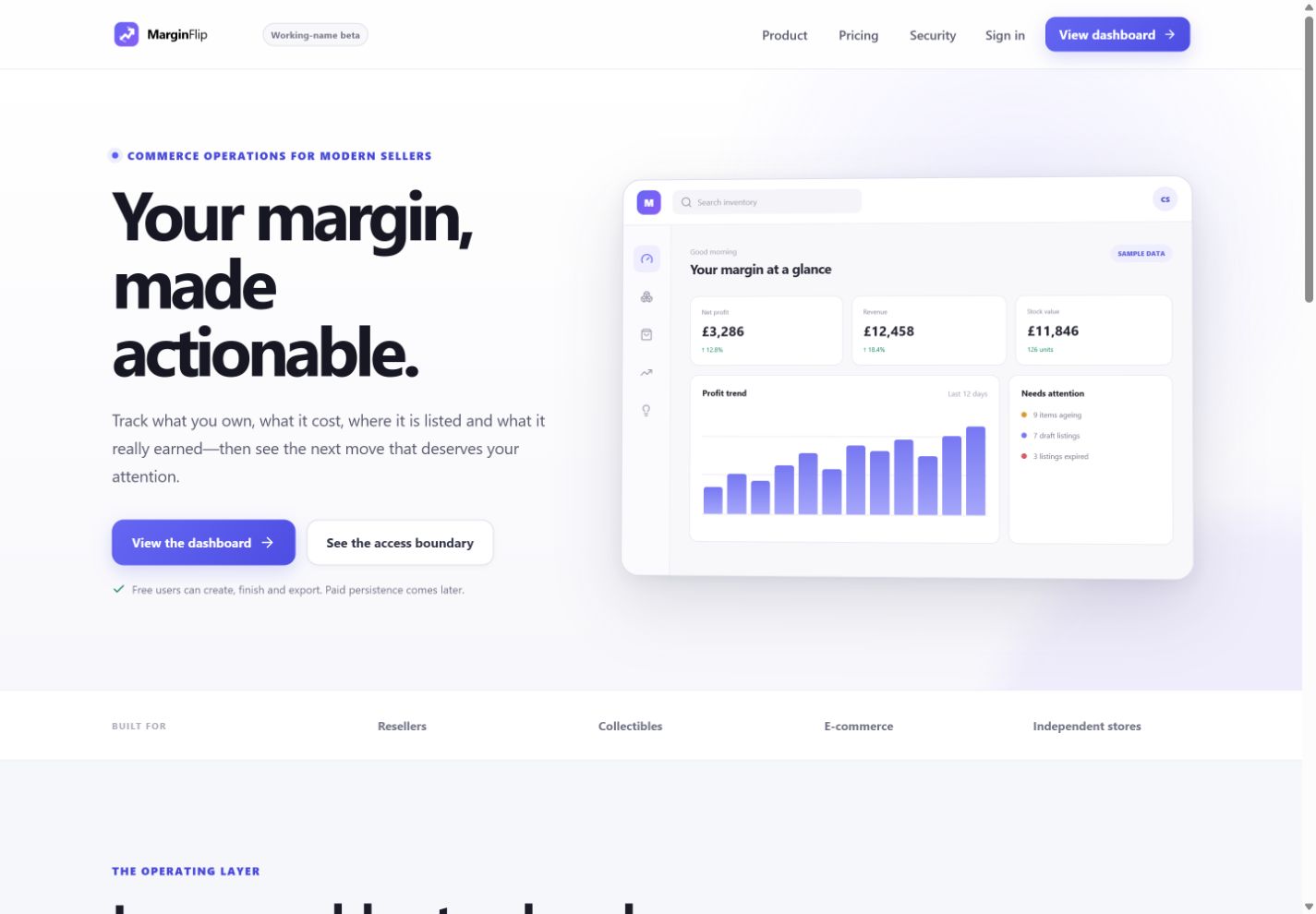 MarginFlip public homepage showing its seller dashboard preview