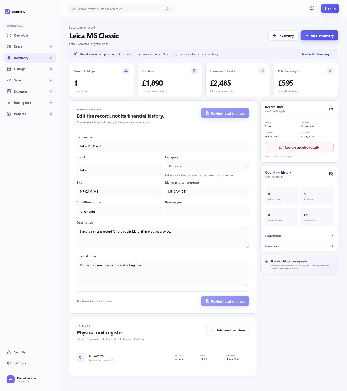 MarginFlip Inventory Record workspace with product identity, financial position, holdings and operating history