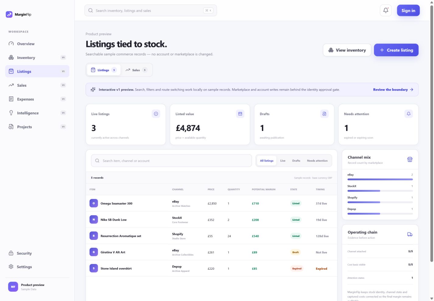 MarginFlip Listings workspace with channel-aware records, filters and timing status