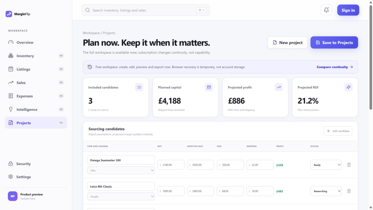MarginFlip Projects workspace with sourcing candidates and projected capital, profit and return