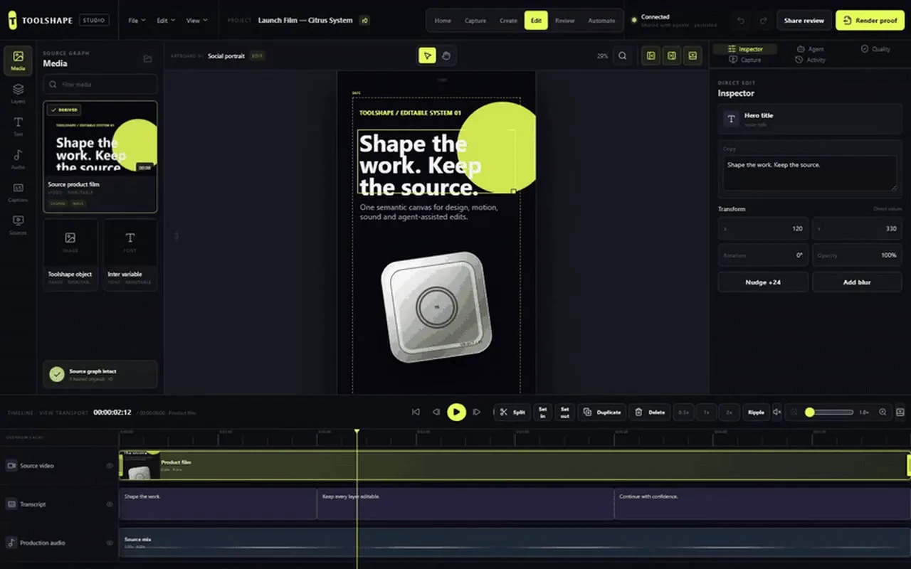 An AI agent editing an Opus Vela Studio project over MCP while the editor updates live