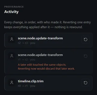 Activity panel listing three operations, one blocked from reverting with the reason shown