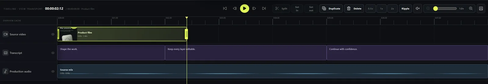 Timeline with a clip selected showing frame-snapped trim handles