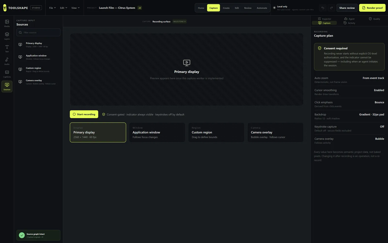 Capture workspace with source selection and a consent-gated recording plan