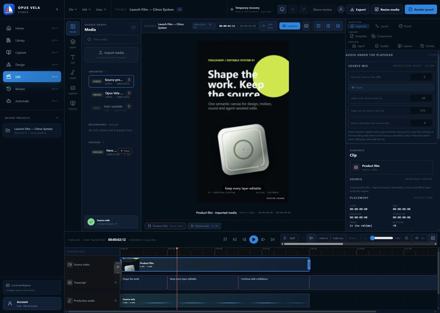 Opus Vela Studio editor with source graph, canvas, inspector and timeline visible together
