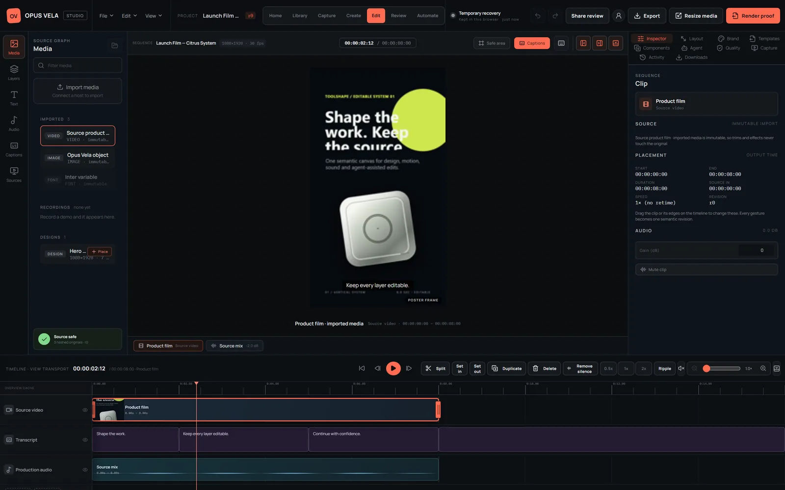 Multi-track timeline editor with media panel, canvas preview and inspector
