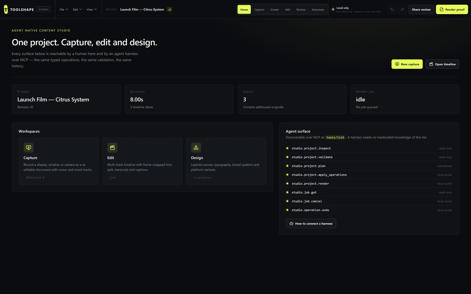 Opus Vela Studio home dashboard showing project stats and the live agent capability surface