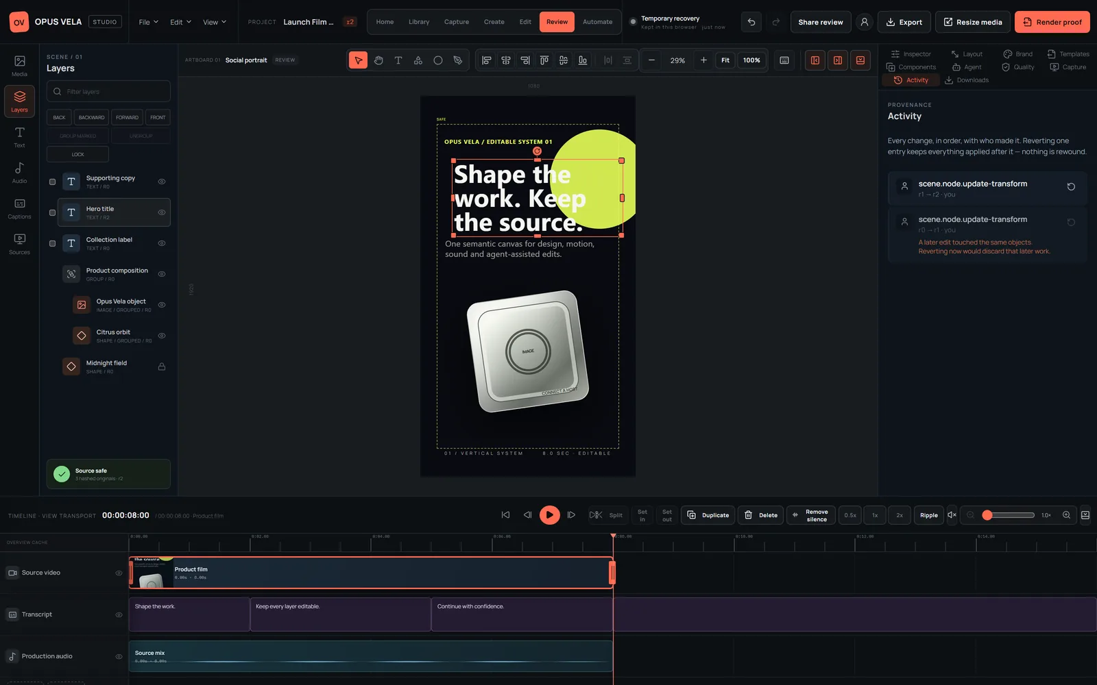 Review workspace showing diffs, quality gates and activity history