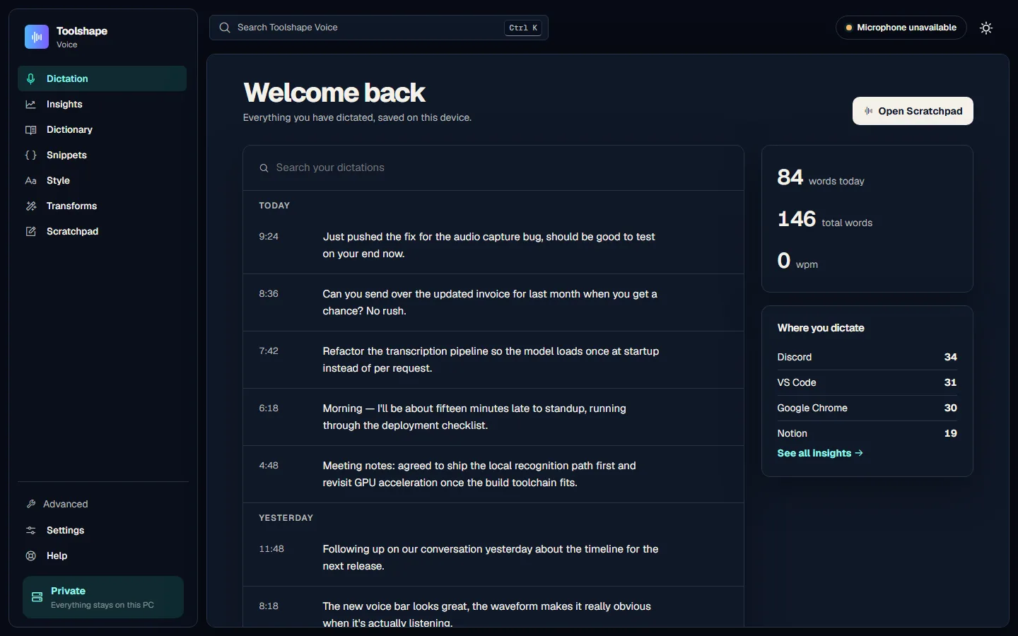 Opus Vela Voice dictation history grouped by day, with per-application word counts