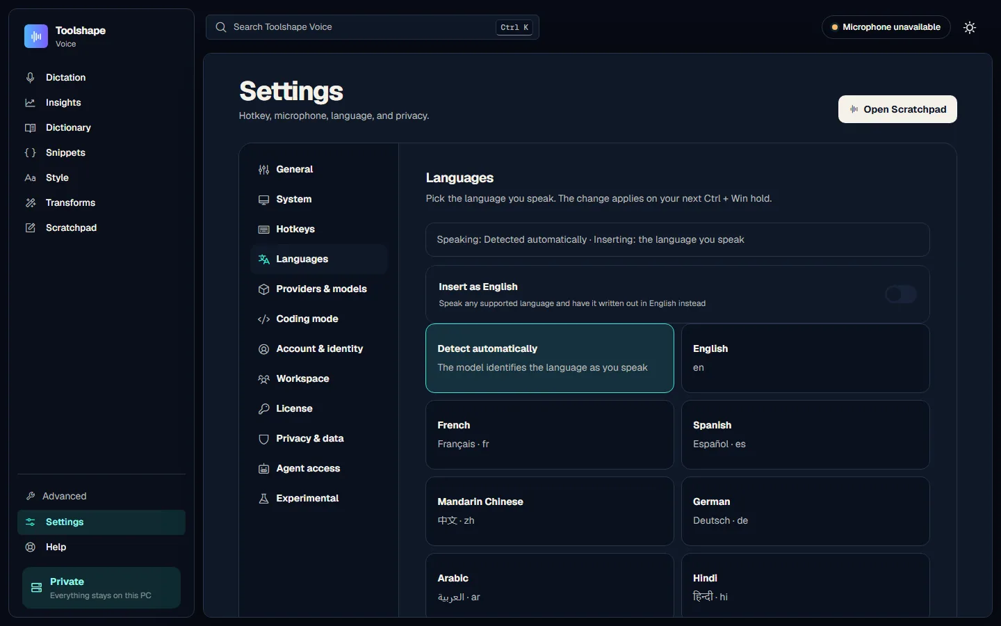 Language picker listing thirty languages, each shown in its own script