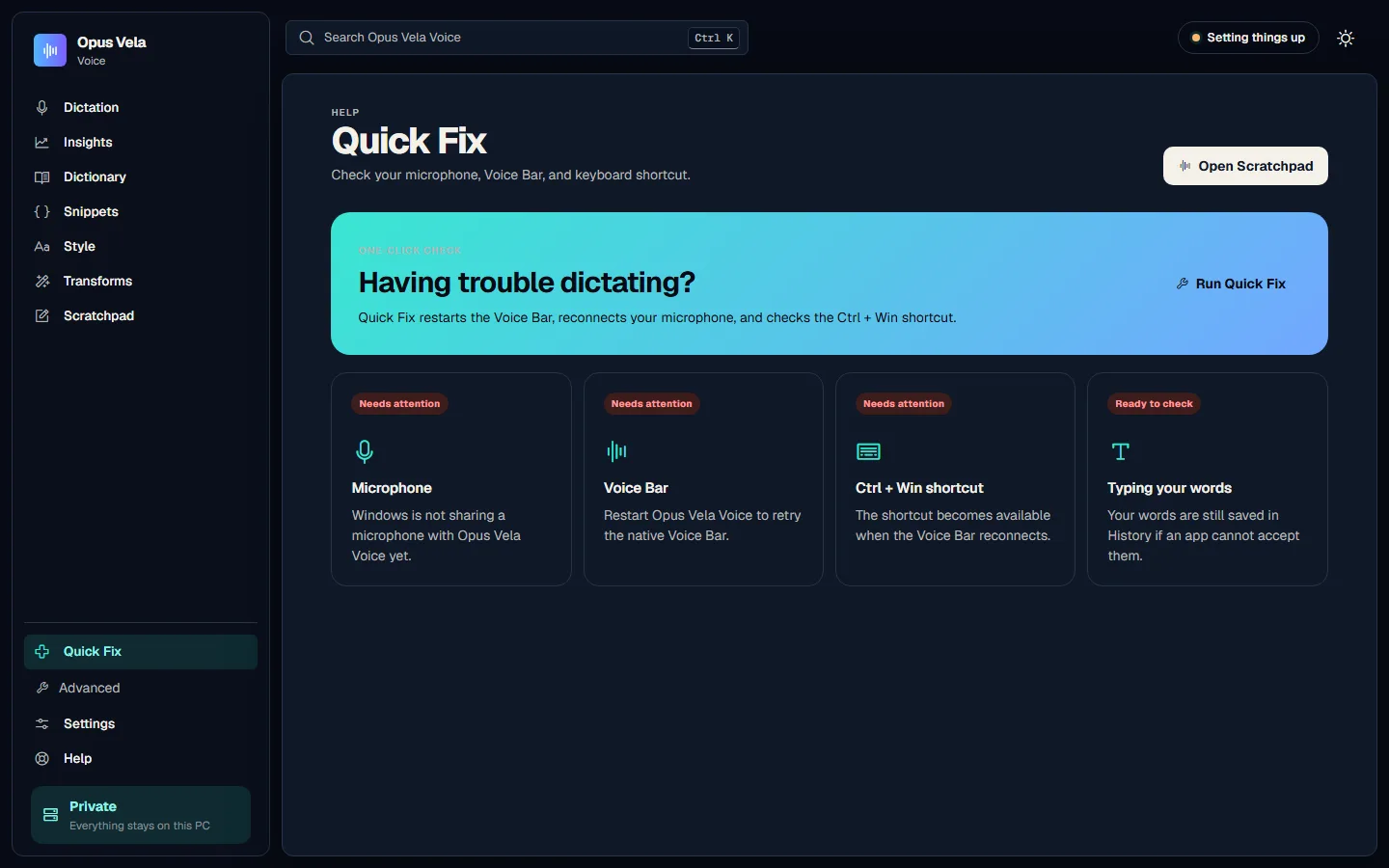Opus Vela Voice quick-fix interface for reviewing and correcting recent dictation