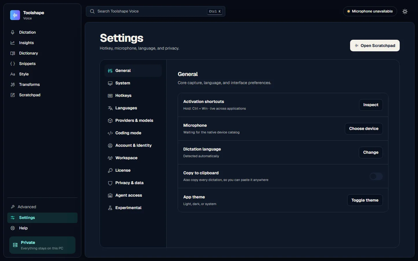 General settings showing the activation shortcut, microphone, dictation language, clipboard copy and theme