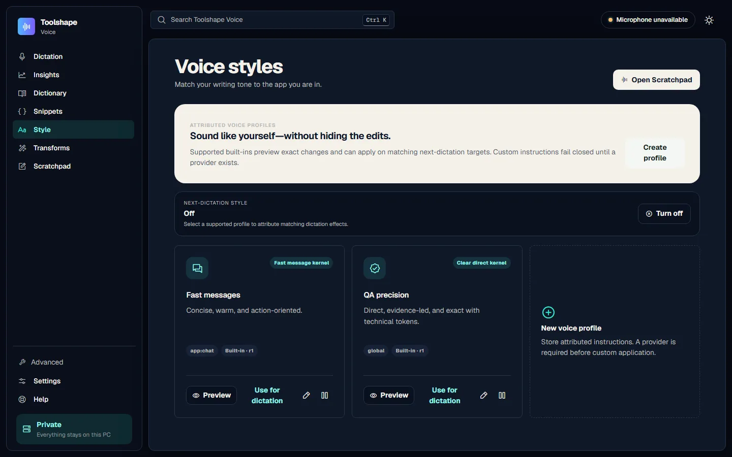Voice styles offering built-in profiles that preview their changes before applying