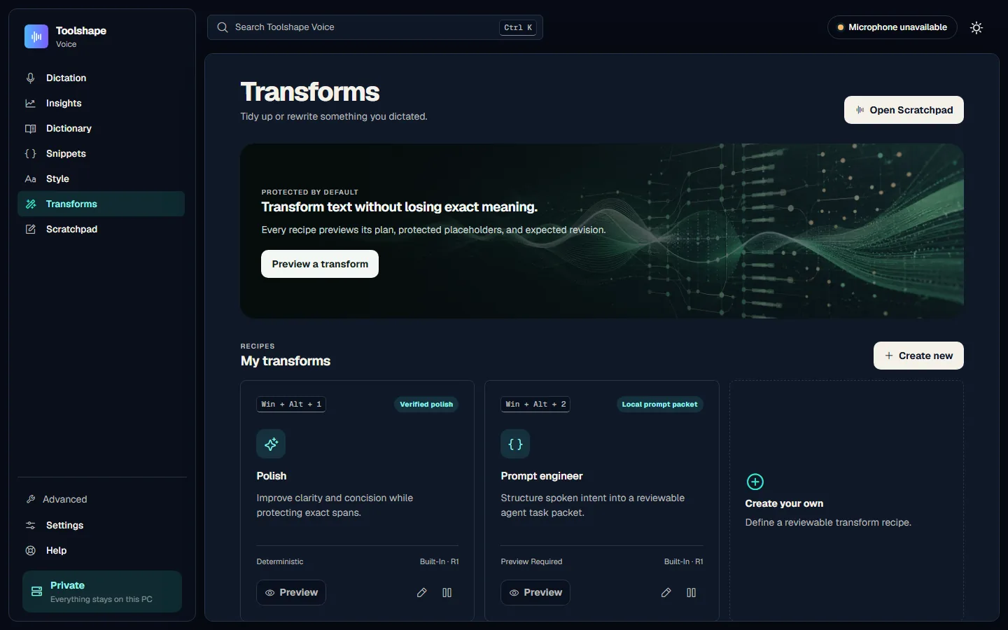 Transform recipes bound to hotkeys, each showing its plan and protected spans before applying