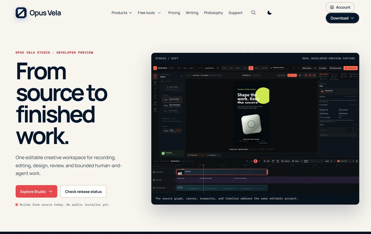 Opus Vela homepage with Studio and the wider creative software family