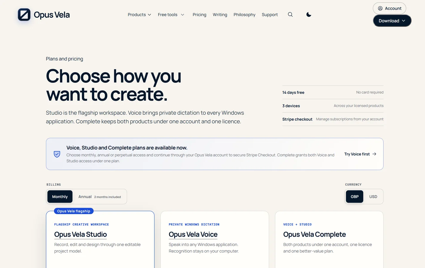 Opus Vela pricing page with monthly billing selected and Studio, Voice and Complete plan cards