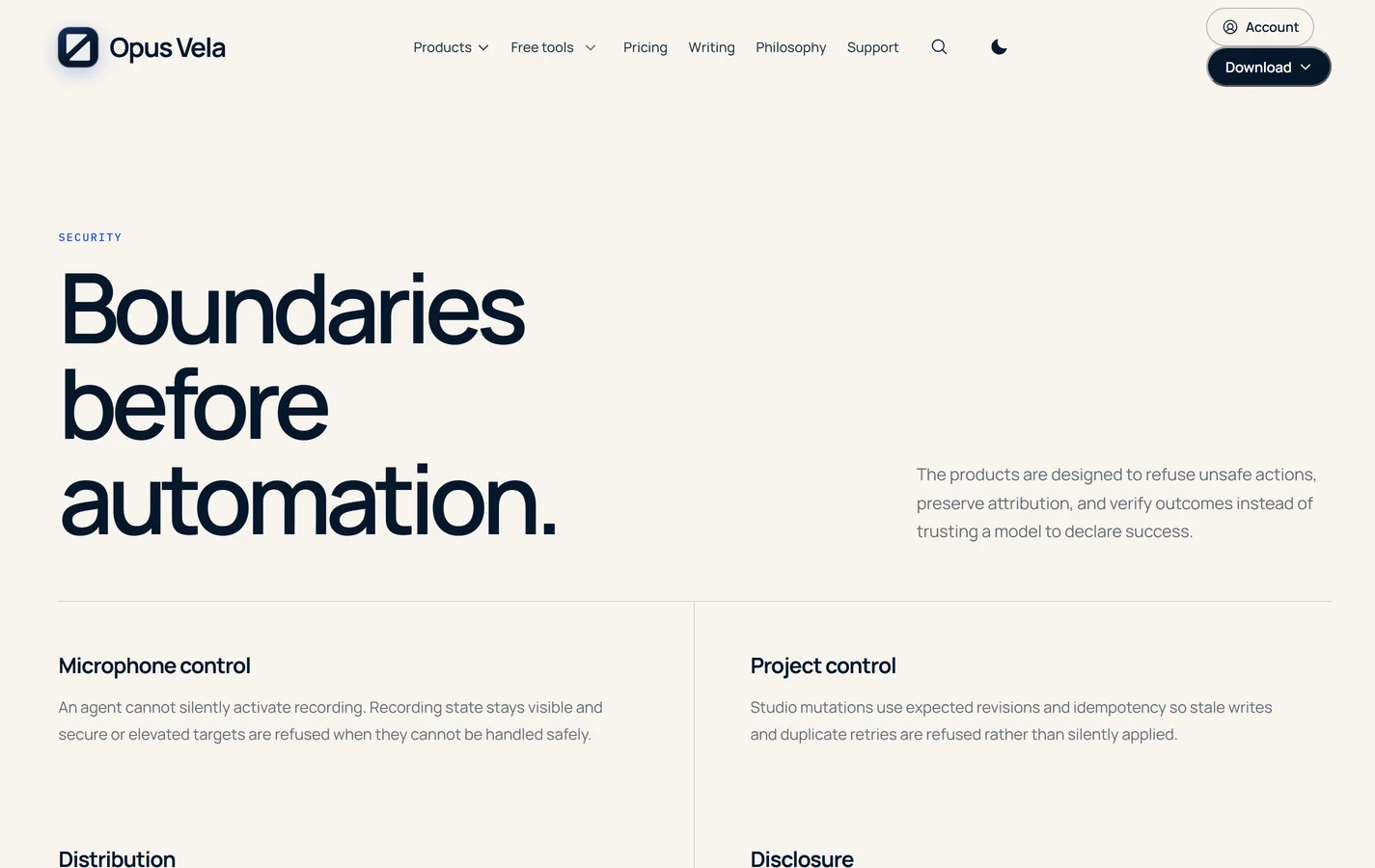 Opus Vela security page describing reporting, local processing and platform protections