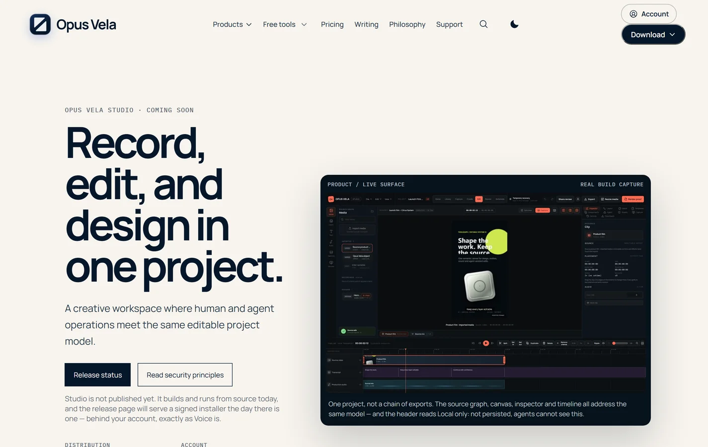 Opus Vela Studio product page showing the source-to-finished workflow and current application interface