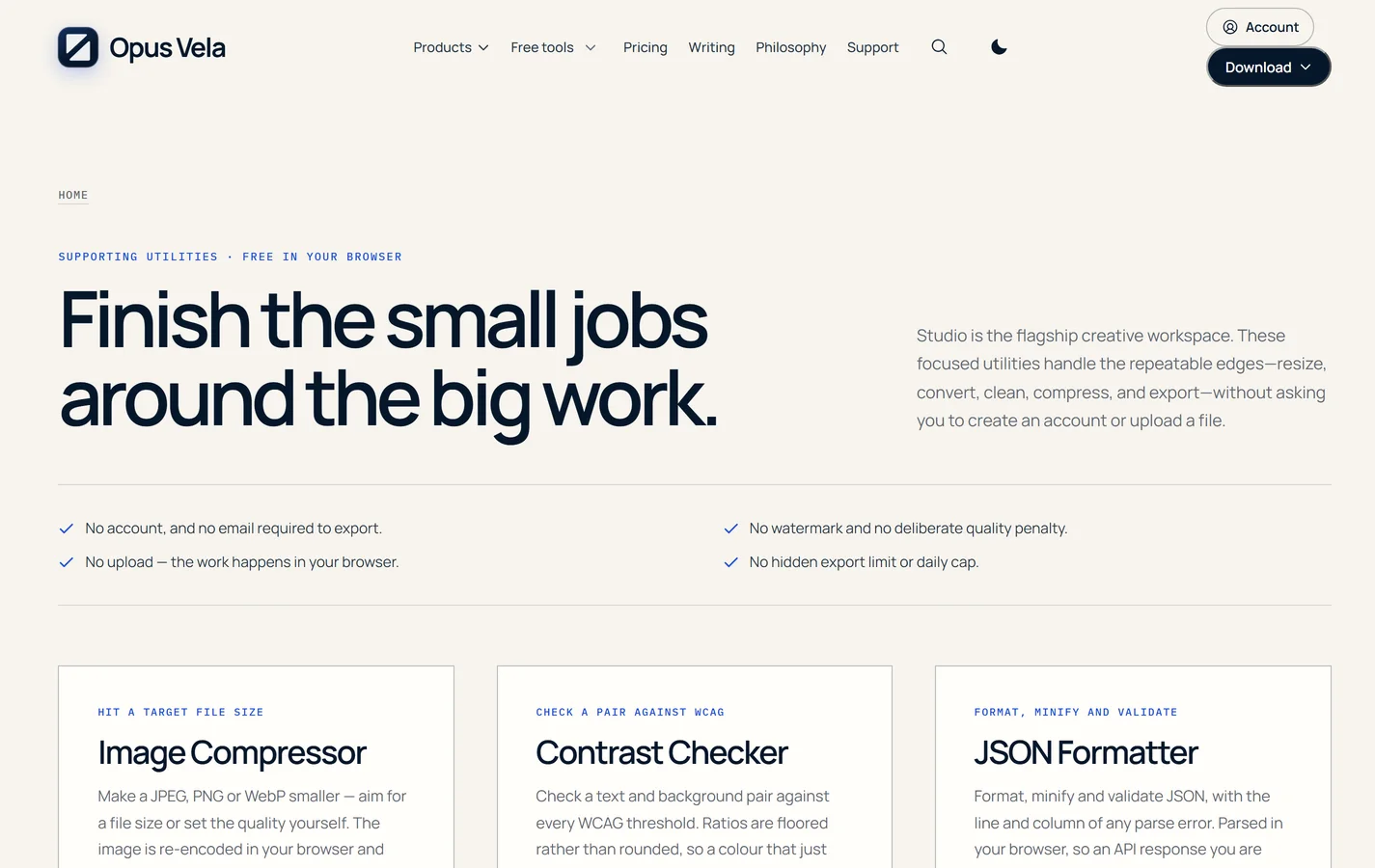 Opus Vela free tools catalogue led by Image Compressor, Contrast Checker and JSON Formatter