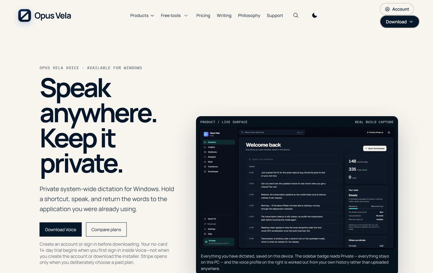 Opus Vela Voice product page explaining private system-wide Windows dictation