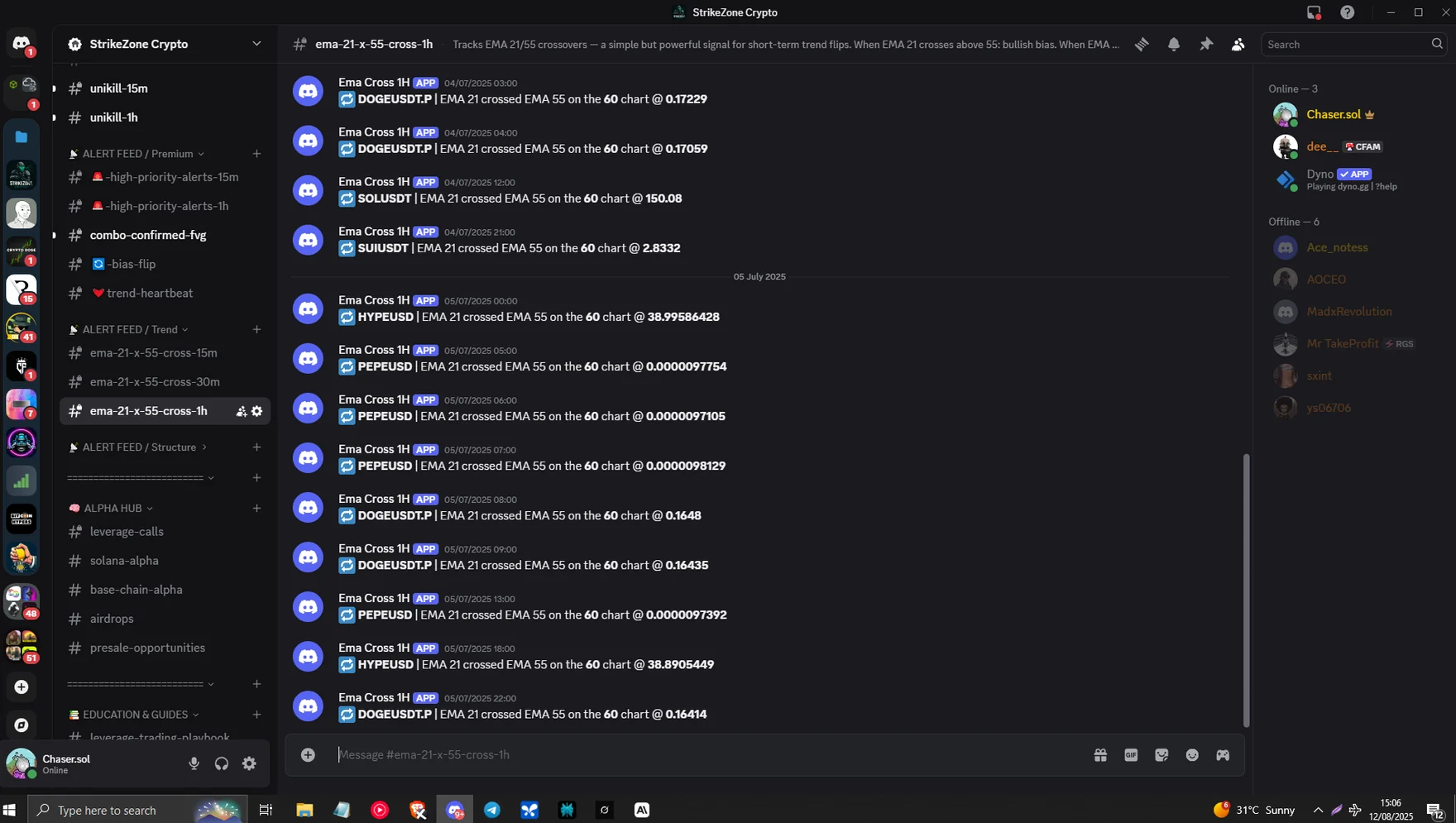 Discord channel receiving EMA 21/55 crossover alerts for several assets