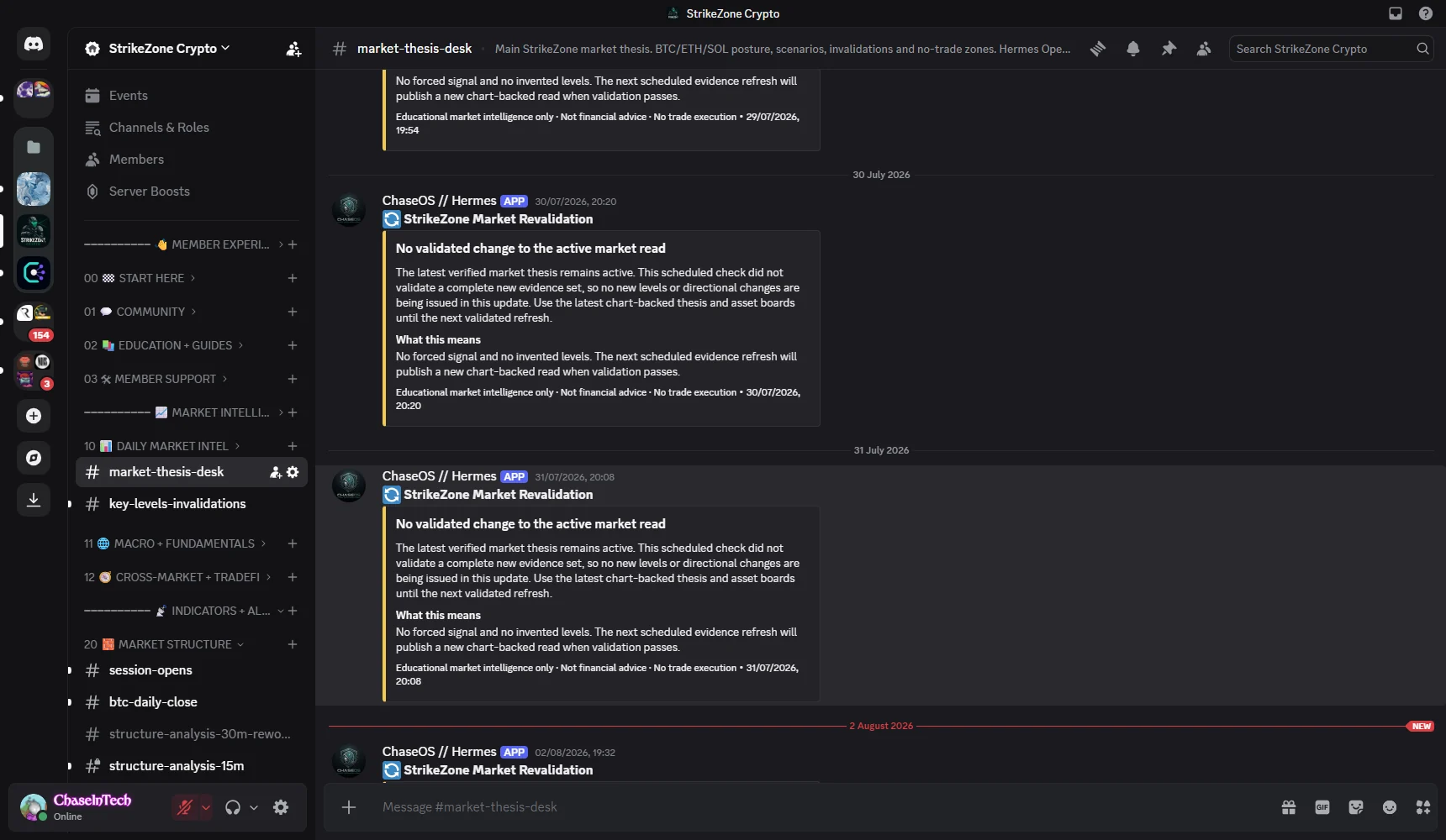 The same channel showing consecutive automated notices stating no validated change to the active market read